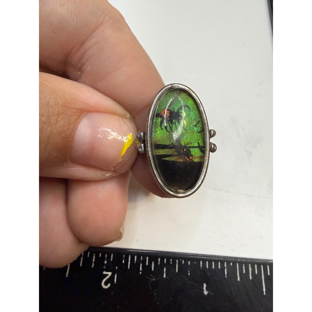 Butterfly Wing Ring Iridescent Green Palm Tree Tropical Scene Oval Size 6.5